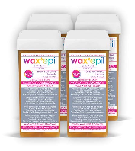 Nuevo! WAXEPIL"100% NATURAL" roll on cartuchos 4*ACEITE de ARGÁN MARROQUÍ*, Piel SECA, SENSIBLE, depilación cera tibia depilatoria rollon recarga – 4 recambios