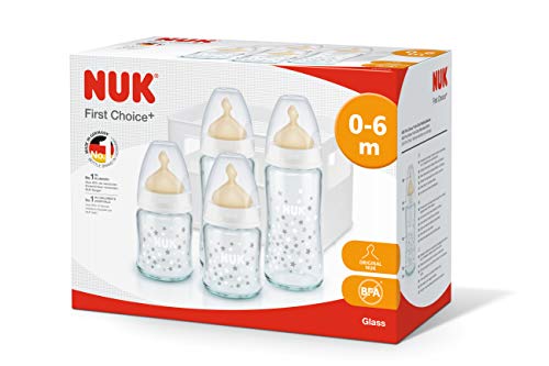 NUK First Choice Plus Starter Set, 4 Baby botellas con aspiradores de hidratacion y caja para botellas, 0-6 meses, modelos surtidos