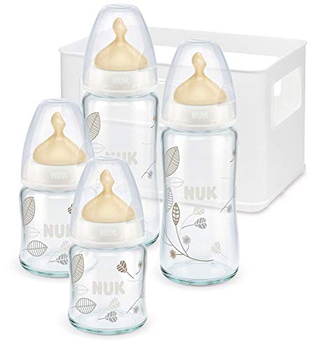 NUK First Choice Plus Starter Set, 4 Baby botellas con aspiradores de hidratacion y caja para botellas, 0-6 meses, modelos surtidos