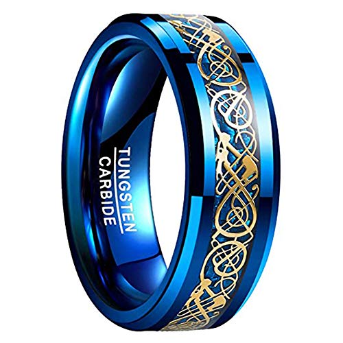 NUNCAD Anillo de Tungsteno Azul con Dragón Celta Oro y Fibras de Carbono 8mm Hombre Mujer Unisex para Boda Regalo Compromiso Compañía Talla 22