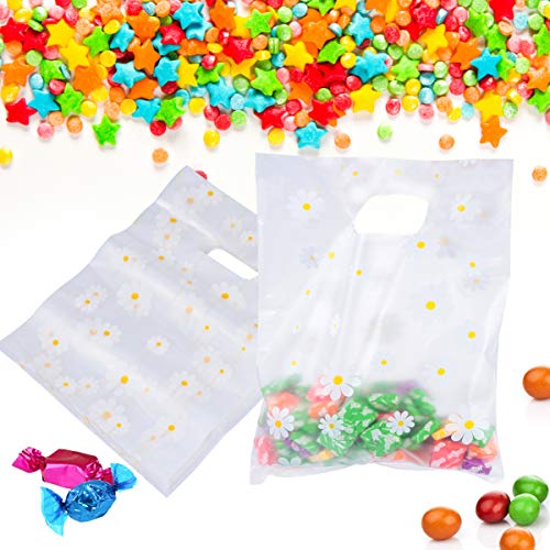 NUOBESTY 100 Unids Bolsa de Asa Transparente Bolsas de Mercancía de Flores con Asas Troqueladas Patrón de Crisantemo para Ferias Comerciales Compras Al por Menor 35X25 Cm