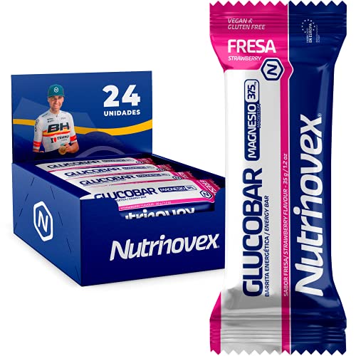 Nutrinovex Barritas Energéticas Glucobar de Magnesio con alto aporte energético y textura de gominolas a base de pulpa de fruta, vitaminas y minerales ideales para ciclismo (24 barritas x 35g)