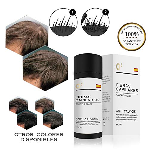 O³ Fibras Capilares Castaño Claro 27,5 G Neto - Keratin Fibers Castaño Claro 100% Natural Para Disimular Calvicie y Aumentar el Volumen | Maquillaje Capilar Para Hombres y Mujeres