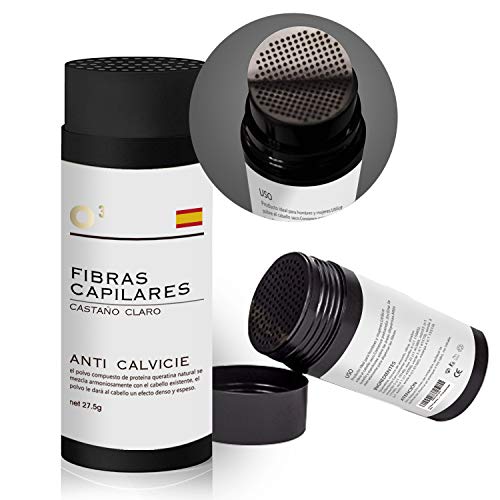 O³ Fibras Capilares Castaño Claro 27,5 G Neto - Keratin Fibers Castaño Claro 100% Natural Para Disimular Calvicie y Aumentar el Volumen | Maquillaje Capilar Para Hombres y Mujeres