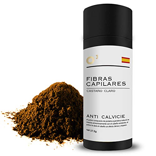 O³ Fibras Capilares Castaño Claro 27,5 G Neto - Keratin Fibers Castaño Claro 100% Natural Para Disimular Calvicie y Aumentar el Volumen | Maquillaje Capilar Para Hombres y Mujeres