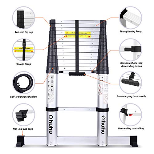 Ohuhu 4,7M Escalera Telescópica Multiusos de Aluminio Portátil, Escalera telescópica con barra estabilizadora, Extensión Plegable y Extensible EN131, Carga Máxima 150 kg