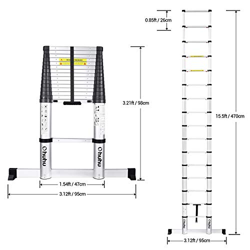 Ohuhu 4,7M Escalera Telescópica Multiusos de Aluminio Portátil, Escalera telescópica con barra estabilizadora, Extensión Plegable y Extensible EN131, Carga Máxima 150 kg