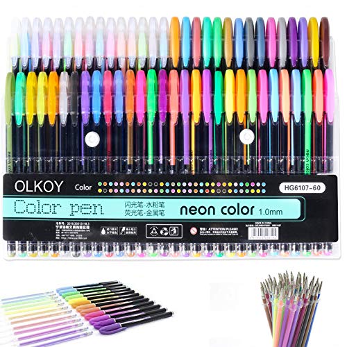 Olkoy 60 Colores Bolígrafos de Gel - 15 Metálico + 15 Glitter + 15 Neón + 15 Clásicos, Mejor Juego de Bolígrafos de Gel para Colorear, Dibujar y Pintar para Adultos, con Punta de 1,0 mm