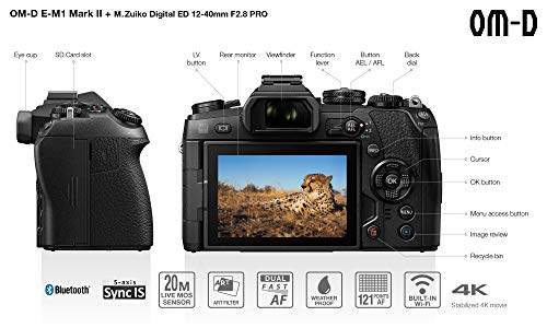 Olympus OM-D E-M1 Mark II Kit, Cámara de Sistema Micro Cuatro Tercios (20.4 MP, Estabilizador de Imagen de 5 Ejes, Visor Electrónico) y Objetivo M.Zuiko 12 - 40 mm PRO Universal, negro