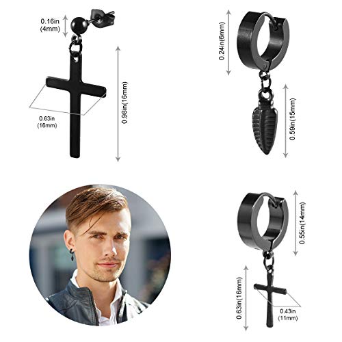 Omont Hombres Mujers Acero Inoxidable Cruz Negro Aretes Pendientes 17 pares