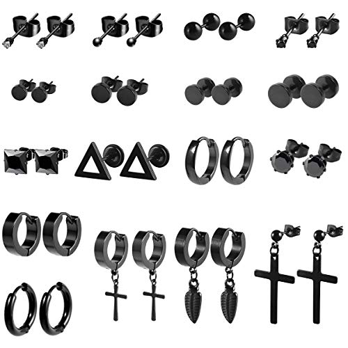 Omont Hombres Mujers Acero Inoxidable Cruz Negro Aretes Pendientes 17 pares