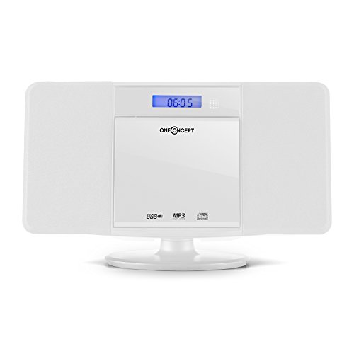 oneConcept V-13 - Equipo de música, Minicadenas de música con reproductor de CD, Equipo de música para casa con MP3, FM, USB, AUX, Pantalla LCD, Despertador, Autoapagado, Para pared, Bluetooth, Blanco