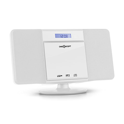 oneConcept V-13 - Equipo de música, Minicadenas de música con reproductor de CD, Equipo de música para casa con MP3, FM, USB, AUX, Pantalla LCD, Despertador, Autoapagado, Para pared, Bluetooth, Blanco