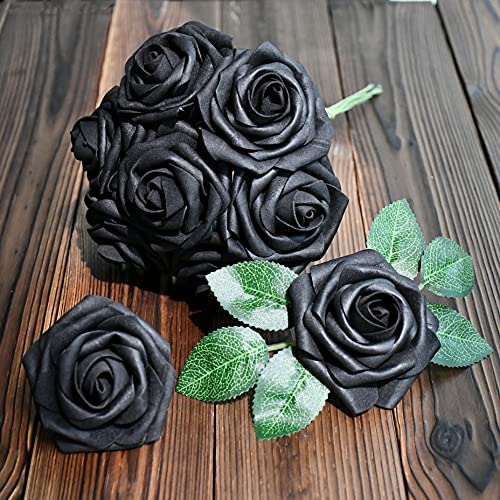 ONLY ART Flores artificiales de rosas 25 piezas con tallo de rosas falsas para ramos de boda, centros de mesa, arreglos para fiestas de baby shower, decoración del hogar (negro)