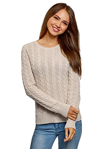 oodji Collection Mujer Jersey de Punto Texturizado con Trenzas, Beige, ES 42 / L