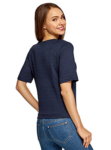 oodji Collection Mujer Suéter de Tejido Texturizado con Manga Corta, Azul, ES 36 / XS