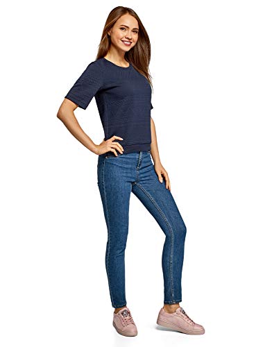 oodji Collection Mujer Suéter de Tejido Texturizado con Manga Corta, Azul, ES 36 / XS