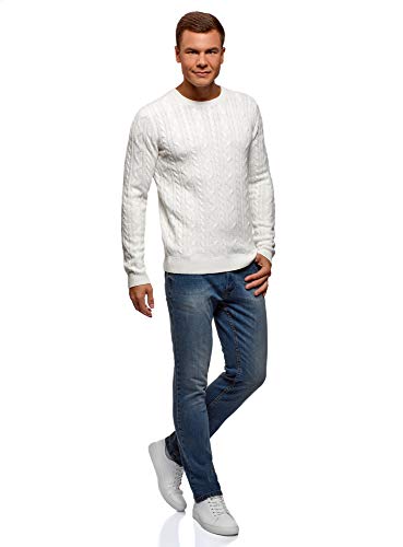 oodji Ultra Hombre Jersey de Punto Texturizado con Trenzas, Blanco, ES 52-54 / L