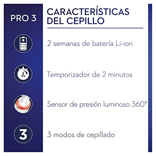 Oral-B PRO 3 Cepillo de Dientes Eléctrico con Mango Recargable, Tecnología Braun, 1 Cabezal de Recambio y Sensor de Presión Visible, 3000 - Blanco