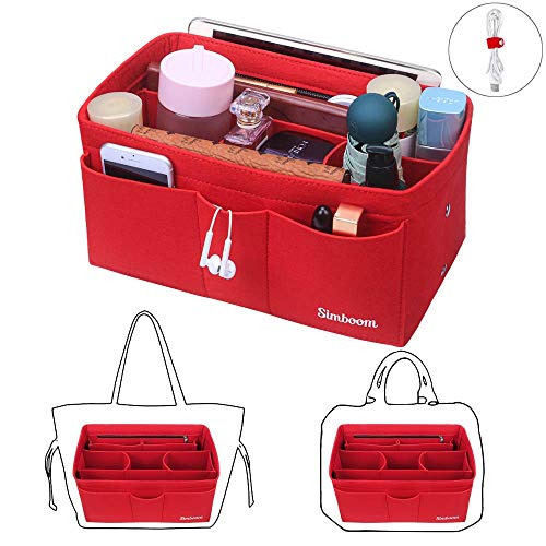 Organizador de Bolso de Fieltro, Simboom Multi-Bolsillo Organizador Bolso Insertar Bolsa en Bolsa Bolso Cosmético para Mujer (Rojo, L)