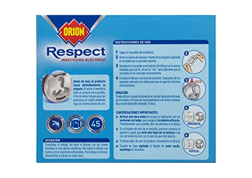 Orion - Respect Insecticida Eléctrico para Mosquitos, Sin Disolventes y Sin Alérgenos - 1 Aparato + 1 Recambio - [Pack de 3]