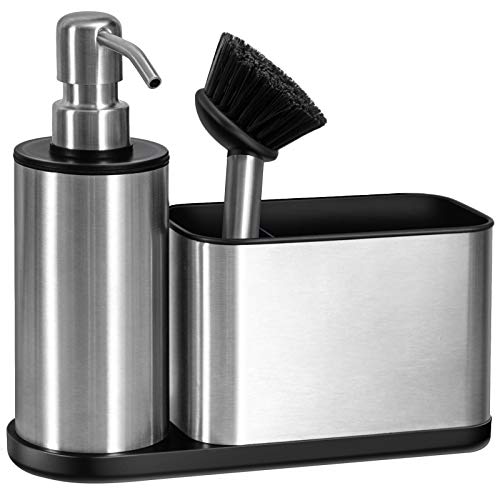 Oriware - Organizador para fregadero de cocina con dispensador de jabón incorporado y soporte para esponja (bomba y aplicador de acero inoxidable) - 7.87 x 7.08 x 2.556 pulgadas