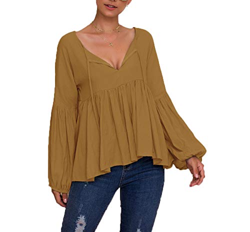 OtoñO E Invierno Nueva Camiseta De Blusa con Cuello En V Y Manga Abullonada De Color SóLido para Mujer