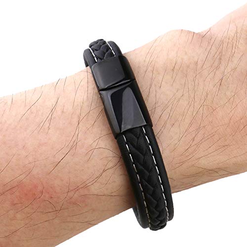 OTOTEC Pulsera de cuero artificial con cierre magnético de acero inoxidable negro para hombres y mujeres