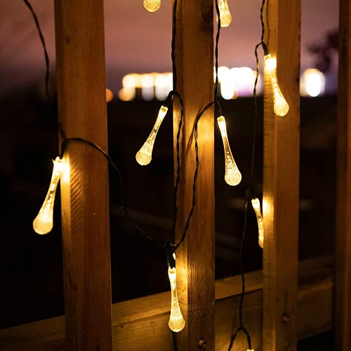 Outdoor Solar String Lights 25.7Ft 40 LED Water Drop Solar Powered Lights with 8 Modes, Waterproof Fairy Crystal Lights for Patio Garden Yard Tree Wedding Party decor, Warm White