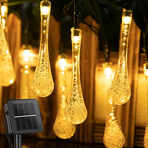 Outdoor Solar String Lights 25.7Ft 40 LED Water Drop Solar Powered Lights with 8 Modes, Waterproof Fairy Crystal Lights for Patio Garden Yard Tree Wedding Party decor, Warm White