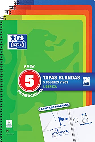 Oxford, Cuadernos A4 (Folio) Cuadrícula 4x4, Tapa Blanda, 80 Hojas. Pack 5 Libretas, Colores Vivos