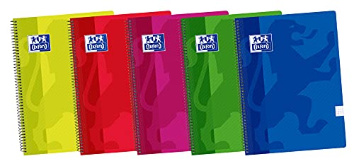 Oxford, Cuadernos A5, Pack de 5 Libretas de Tapa Plástico con Espiral, 80 Hojas con Cuadrícula 4x4, Colores Surtidos