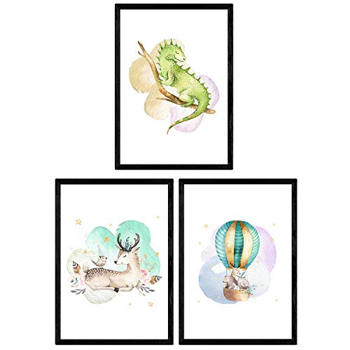 Pack de Tres láminas con Ilustraciones de Animales. Posters con imágenes Infantiles de Animales. Ciervo camaleon y Globo. Tamaño A4 sin Marco…