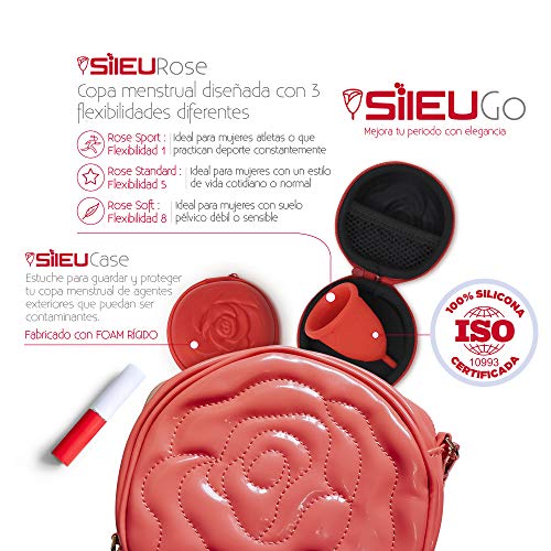 Pack Sileu Go: Copa menstrual Rose - Modelo de iniciación - Alternativa ecológica, natural a tampones y compresas - Talla S, Rojo, Flexibilidad Soft + Estuche de Flor Rojo