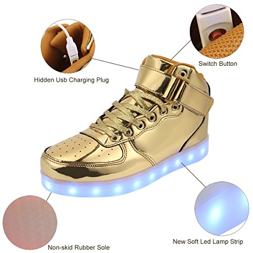 Padgene Unisex Zapatillas LED para Hombre Mujere con Luces (7 Colores) USB Carga Zapatos de Deporte (Oro, 44EU)