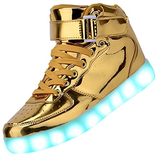 Padgene Unisex Zapatillas LED para Hombre Mujere con Luces (7 Colores) USB Carga Zapatos de Deporte (Oro, 44EU)