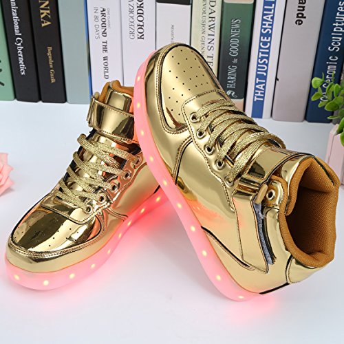 Padgene Unisex Zapatillas LED para Hombre Mujere con Luces (7 Colores) USB Carga Zapatos de Deporte (Oro, 44EU)