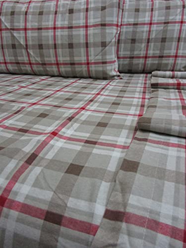 PAGO POCO Juego de sábanas para cama de matrimonio de franela, diseño escocés, color rojo, 100 % algodón, franela de fibra natural, fabricado en Italia.