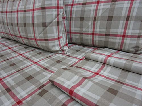 PAGO POCO Juego de sábanas para cama de matrimonio de franela, diseño escocés, color rojo, 100 % algodón, franela de fibra natural, fabricado en Italia.