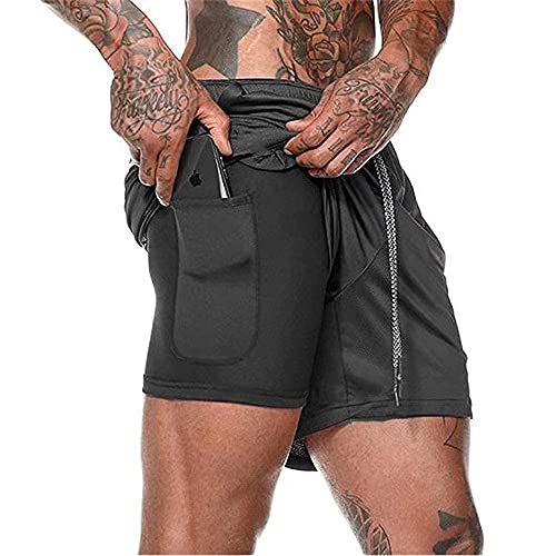 Pantalón Corto para Hombre,Pantalones Cortos Deportivos para Correr 2 en 1 con Compresión Interna y Bolsillo para Hombres (Black, XXL, XX_l)