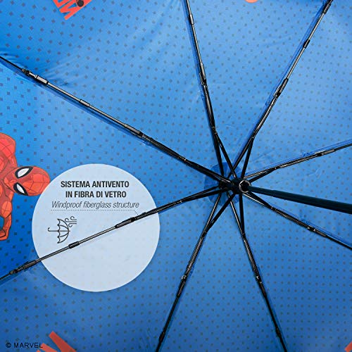 Paraguas Spiderman Fantasía con Lunares - Paraguas Hombre Araña Portátil Cortaviento y Resistente - Paraguas Marvel Niño + 7 años - Diámetro 91 cm - Perletti (Azul Marino)