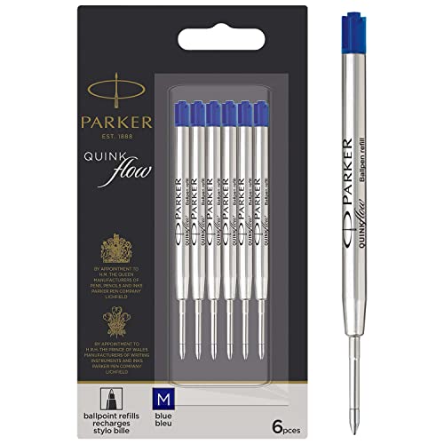 PARKER QUINKflow - Recambios de tinta para bolígrafos, punta mediana, paquete de 6, tinta azul