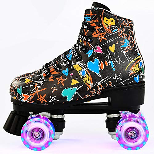 Patines LED,Patines En Paralelo Niña/Mujer,Patines 4 Ruedas Hombre,Top Alto Clásico PatinesSobreRuedas Adulto,Diseño De Graffiti De Moda, Adecuado para Principiantes Al Aire Libre (39)