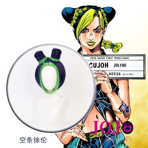 Peluca Cosplay Anime, Peluca JoJo's Bizarre Adventure, Peluca Jolyne Cujoh, Pelucas Cortas Trenza Azul Tinta Verde con Gorro Peluca Gratis, para Halloween, Fiesta, Carnaval, Vida Nocturna, Conciertos