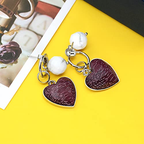 Pendientes BEWELL hechos a mano de madera con forma de corazón púrpura y acero inoxidable, joyería de moda, regalos de cumpleaños para mujeres y niñas