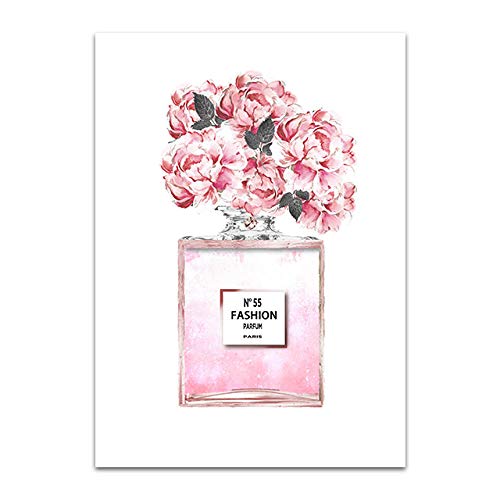 Perfume Arte de la Pared Impresiones de Moda Bolsa de Asas Rosa Pintura en Lienzo Belleza Peonía Vogue Poster Maquillaje Cuadros de Pared Decoracion de la Sala de Estar 40x60cmx3 Sin Marco