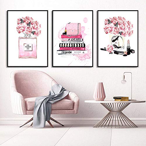 Perfume Arte de la Pared Impresiones de Moda Bolsa de Asas Rosa Pintura en Lienzo Belleza Peonía Vogue Poster Maquillaje Cuadros de Pared Decoracion de la Sala de Estar 40x60cmx3 Sin Marco