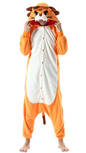 Pijama Animal Entero Unisex para Adultos con Capucha Cosplay Pyjamas Ropa de Dormir Kigurumi Traje de Disfraz para Festival de Carnaval Halloween Navidad Naranja León