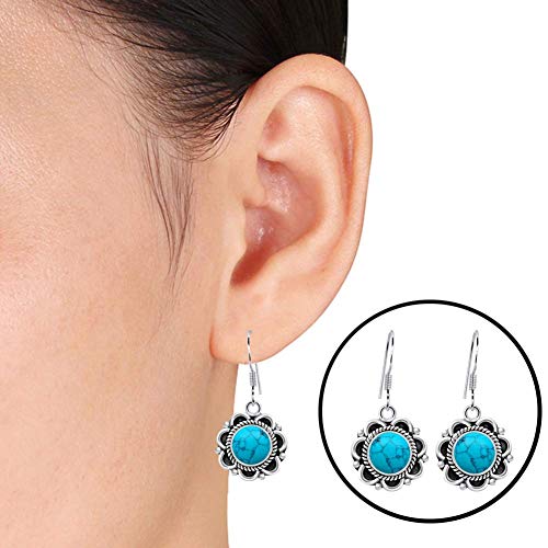 Plata plateado S925 tailandesa Vintage Faux turquesa Flores florales con incrustaciones cuelgan el gancho regalo de la joyería Pendientes partido de las mujeres, Nombre de color: azul ( Color : Blue )