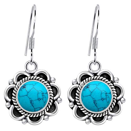 Plata plateado S925 tailandesa Vintage Faux turquesa Flores florales con incrustaciones cuelgan el gancho regalo de la joyería Pendientes partido de las mujeres, Nombre de color: azul ( Color : Blue )